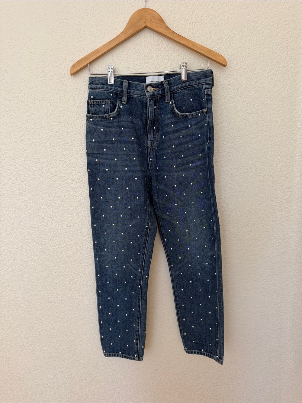 Current/Elliott Dark Blue Straight-Leg Jeans with Silver Studs